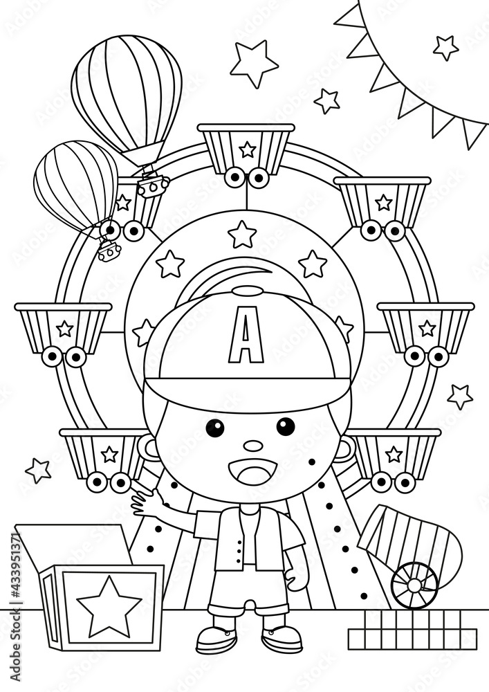 Coloring page of little boy in front of ferris wheel at amusement park vector