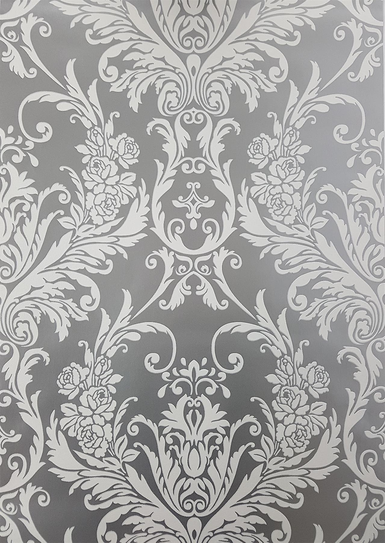 Silver white damask wallpaper metallic shimmer vintage sue flock effect bona