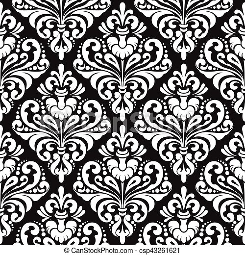 Damask wallpaper background white seamless damask wallpaper pattern on black background canstock