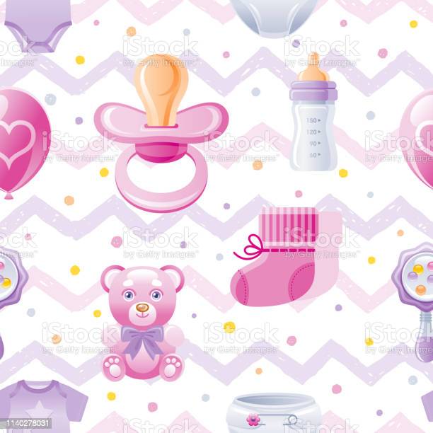 Girl baby shower seamless pattern cute cartoon wallpaper background whith kid icons pacifier bear toy baby