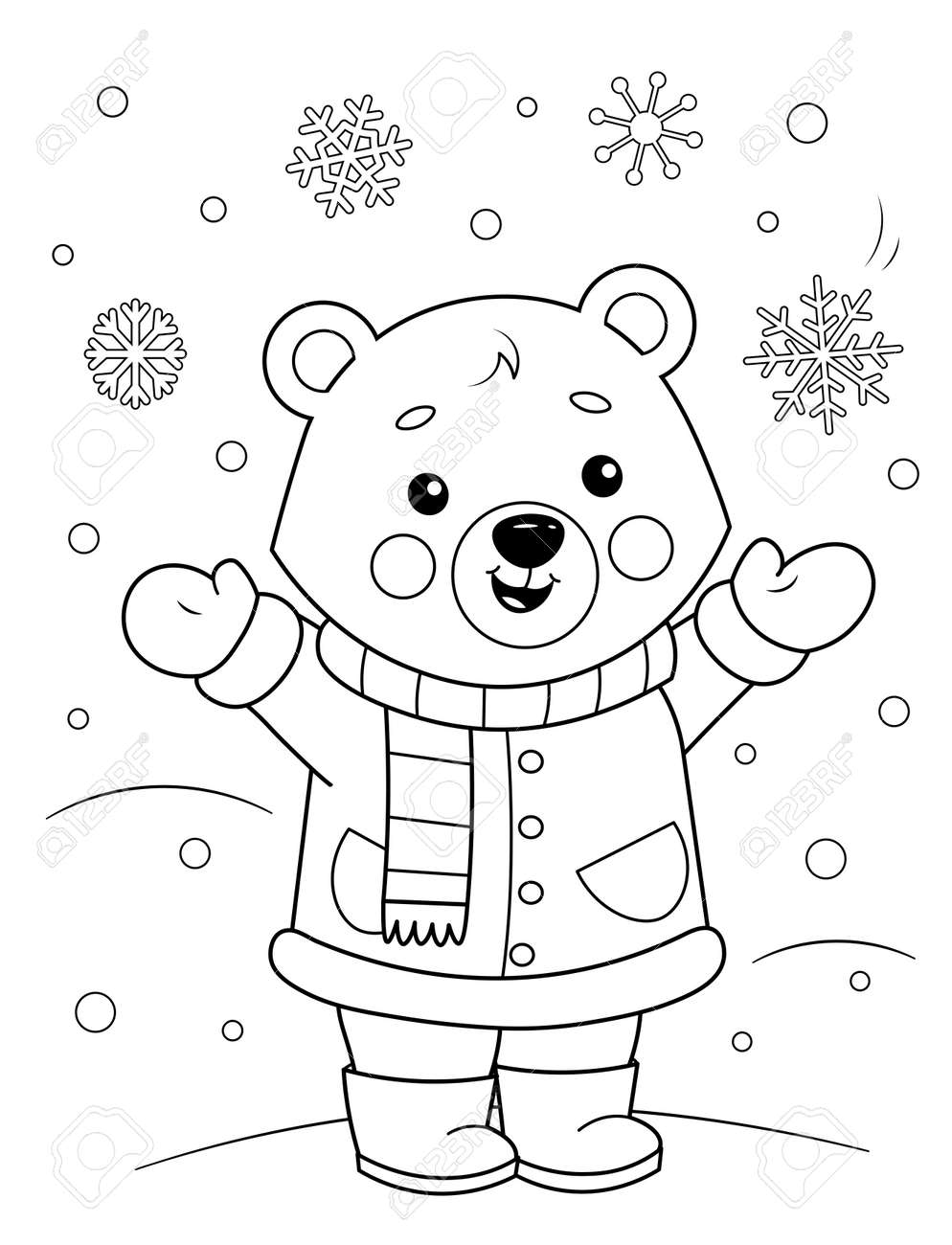 Coloring page of a cute cartoon teddy bear in winter clothes enjoying the snow coloring book for kids royalty free svg cliparts vectors and stock illustration image