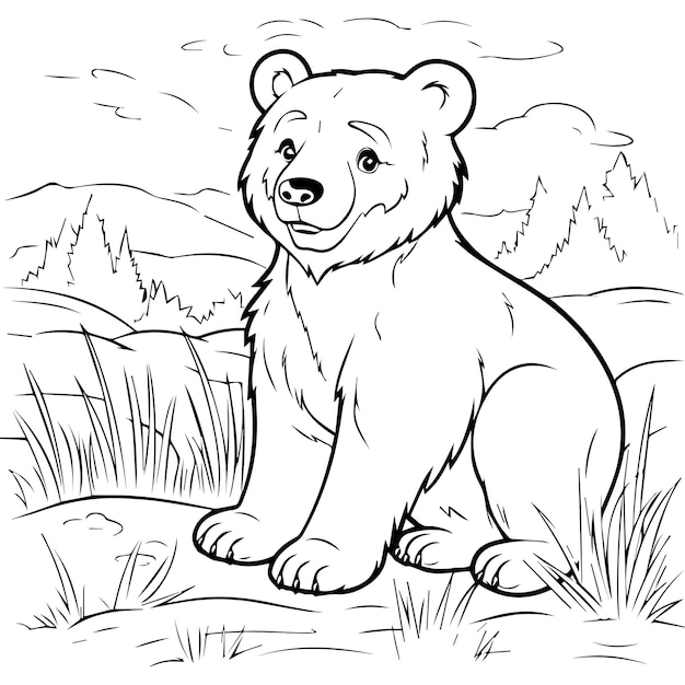 Premium vector cute coloring book with bear in the jungle