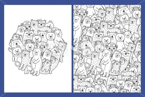 Coloring pages set with cute bears doodle forest animals templates for coloring illustration