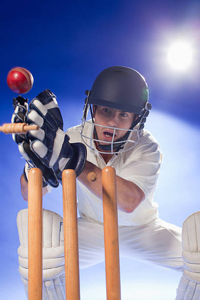 Cricket player lunging for bats stock photo