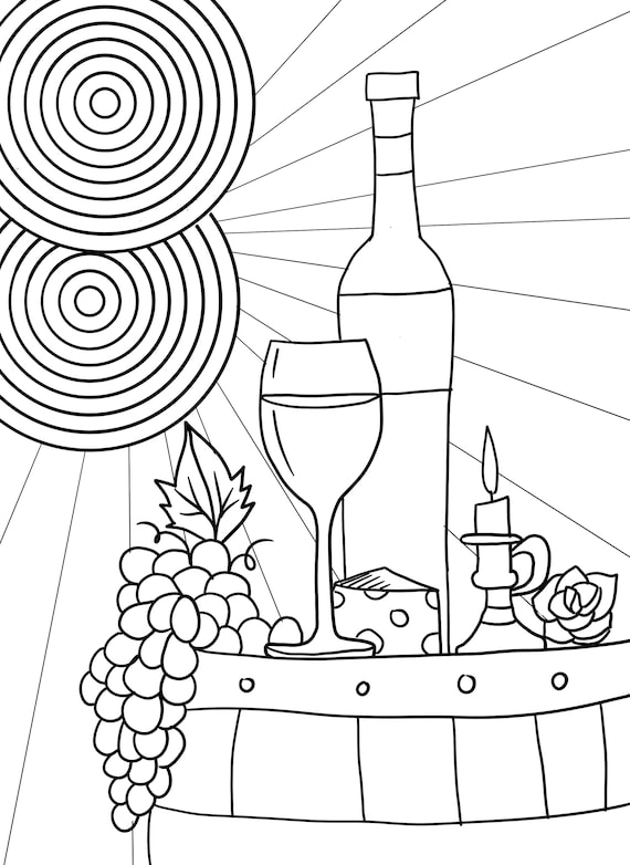 Afternoon wine time coloring page digital download pdf grapes sun wine bottle wine glass cheese