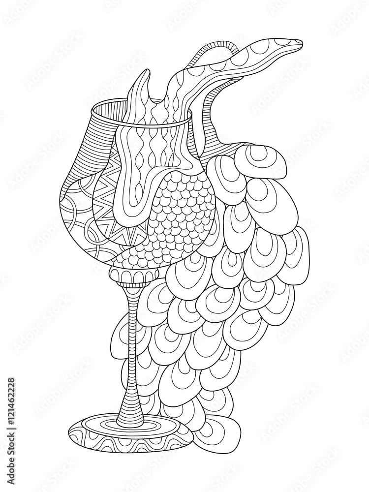 Wine glass with grapes coloring page for adults in zentangle style vector
