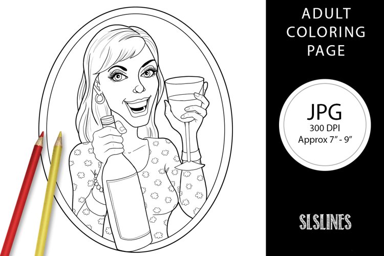 Wine lady with wine bottle adult coloring page