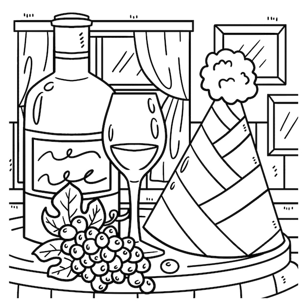 Premium vector new year wine and party hat coloring page for kids
