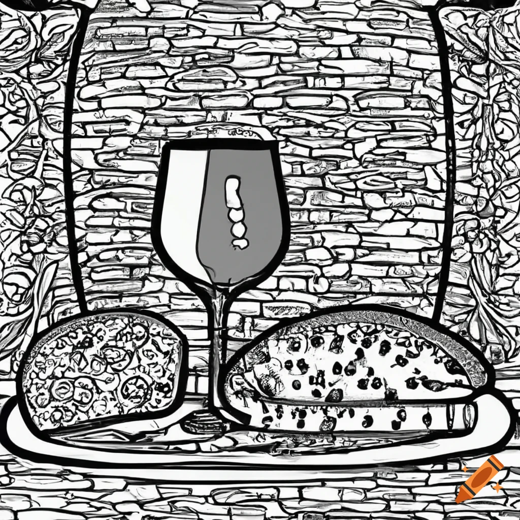 Coloring page of wine and bread on