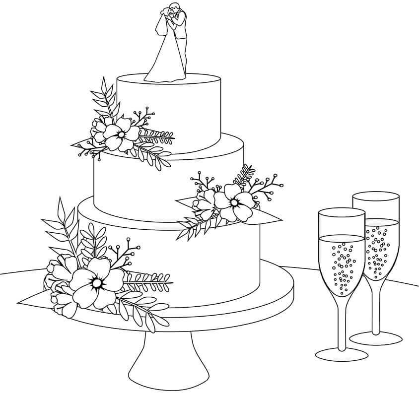Wedding cake and two glasses of wine coloring page