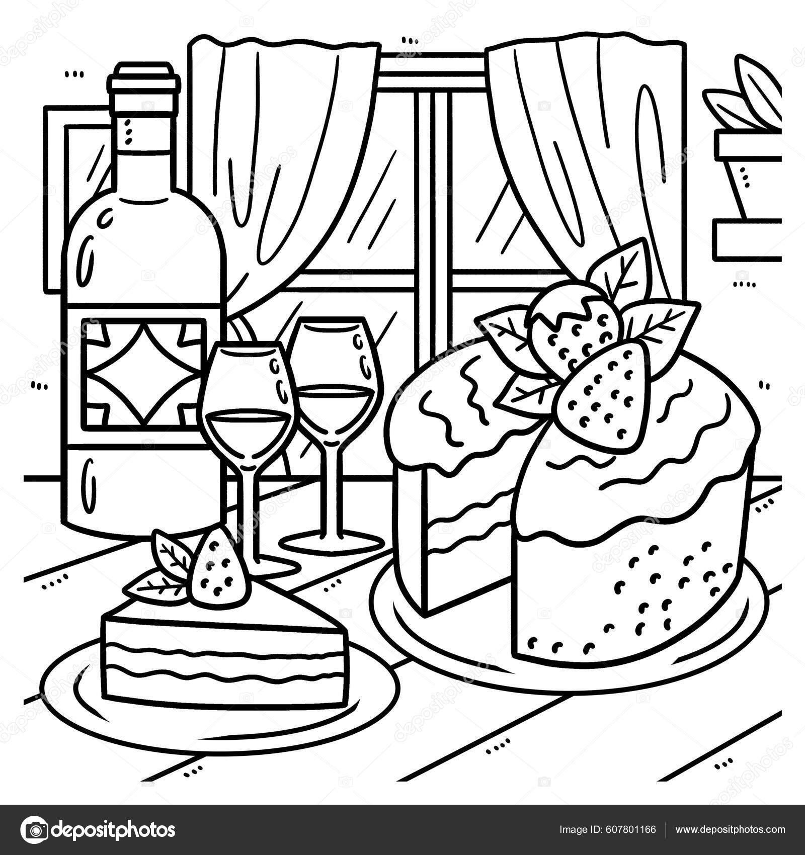 Cute funny coloring page wedding cake wine provides hours coloring stock vector by abbydesign