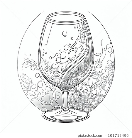 Glass outline coloring book linear wine drink