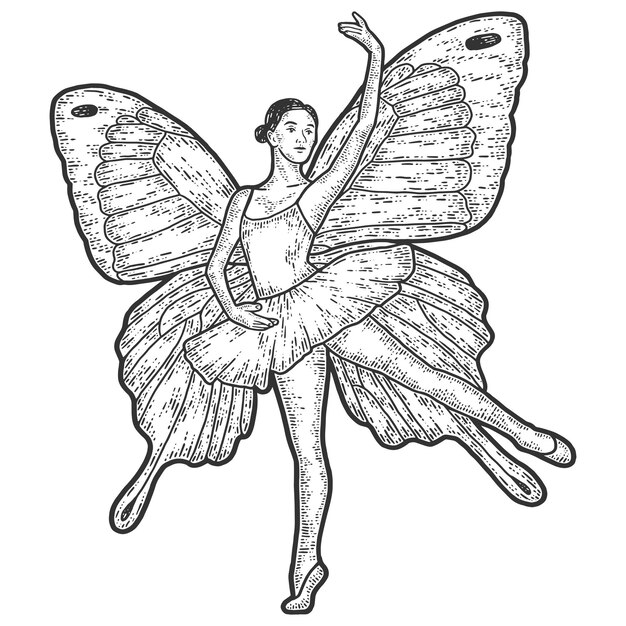 Premium vector dancing ballerina with butterfly wings sketch scratch board imitation