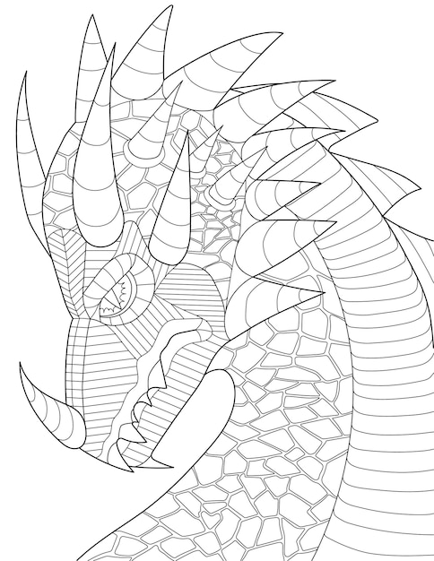 Premium vector coloring page with detailed dragon with thorns on head looking angry sheet to be colored with mythical beast with sharp teeth head of annoyed firedrake