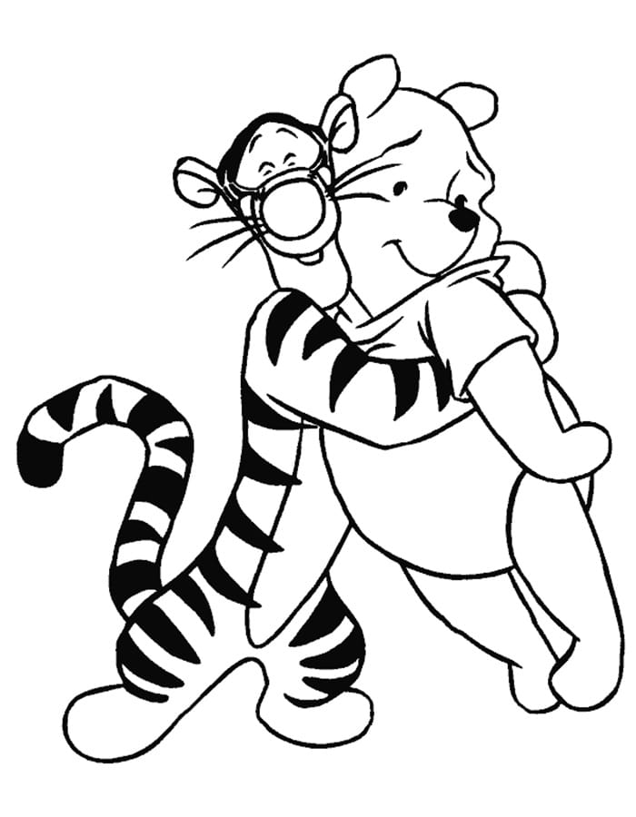 Winnie the pooh hugging tiger coloring page