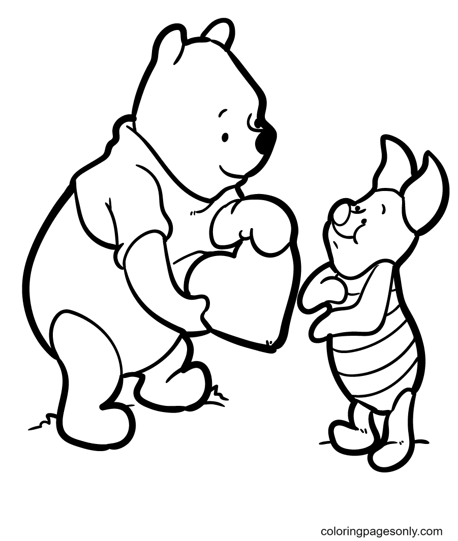 Winnie the pooh gives a heart to piglet coloring page
