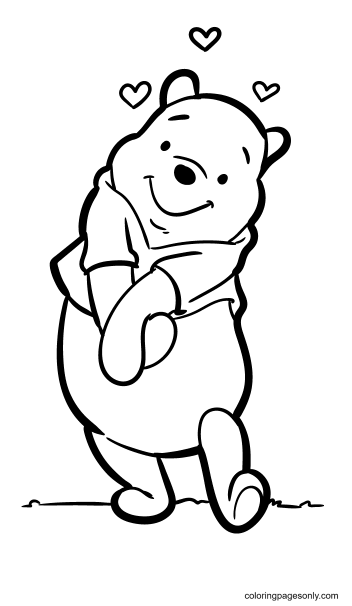 Pooh bear hugging a giant heart coloring page