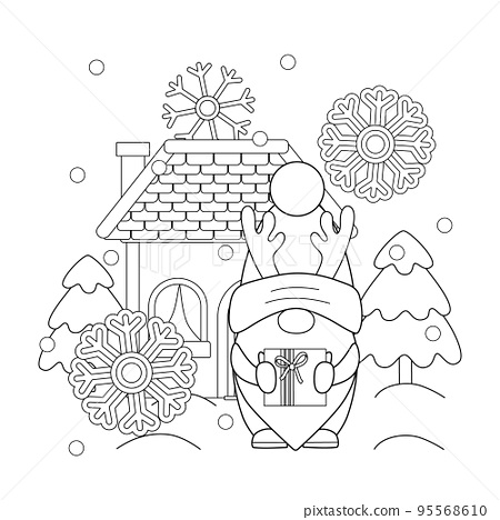 Cute winter kids coloring page with gnome near