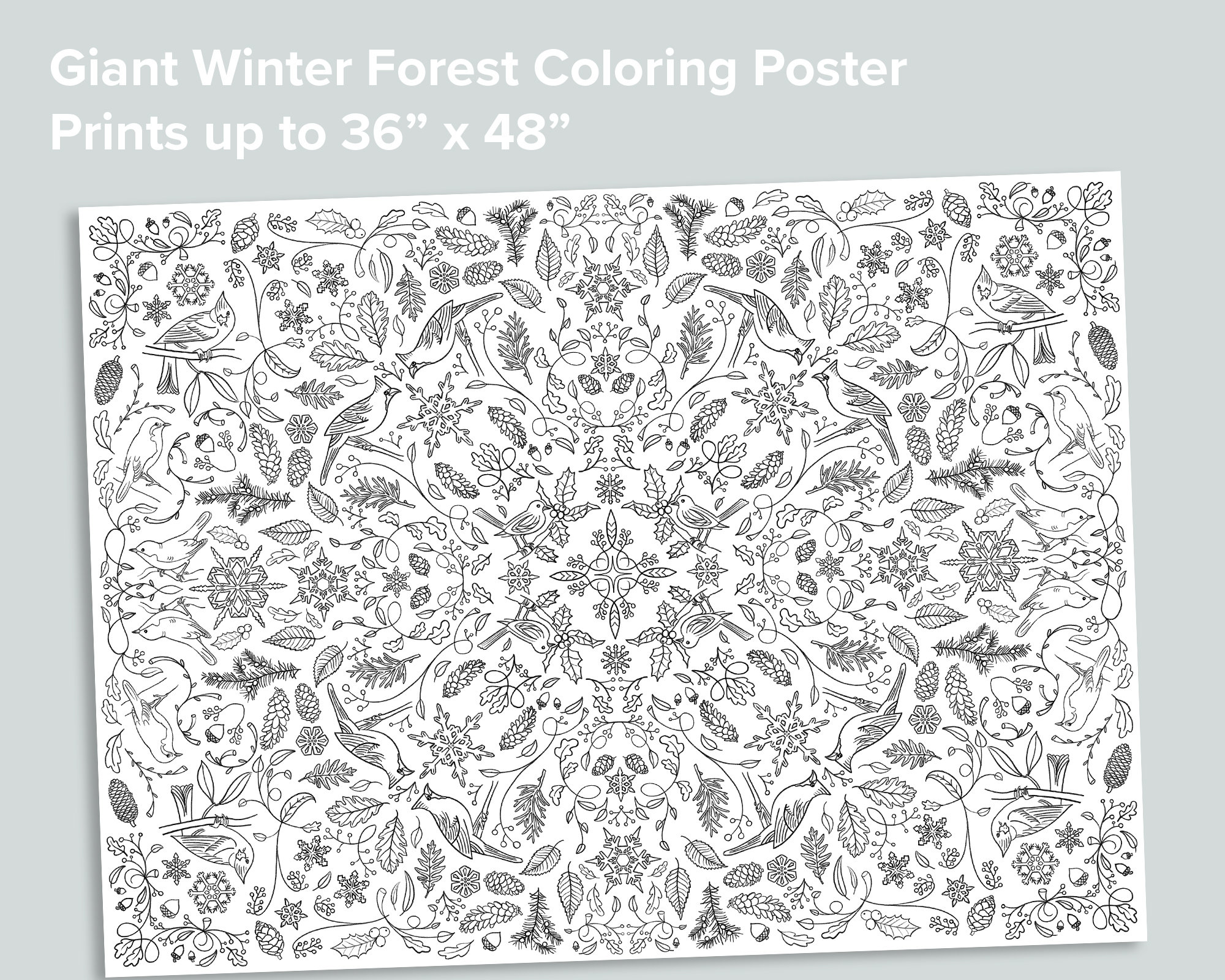 Giant winter forest coloring poster nature homeschool printables black and white large coloring pages winter birds snow activity