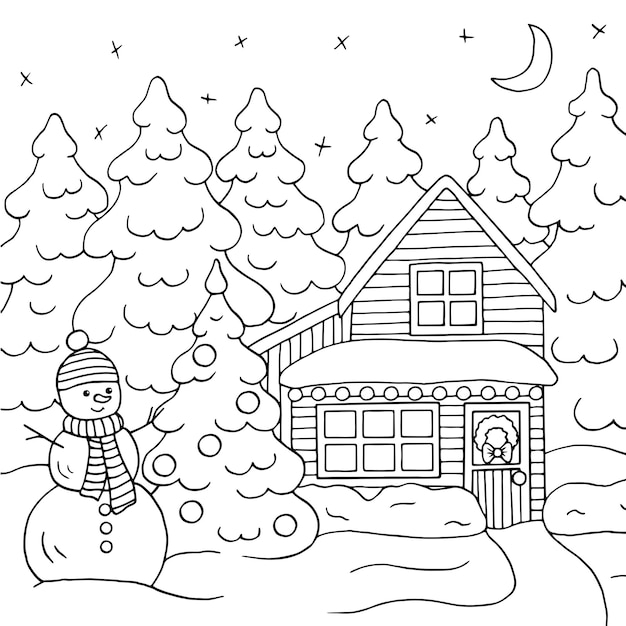 Premium vector a christmas house in the winter forest coloring page