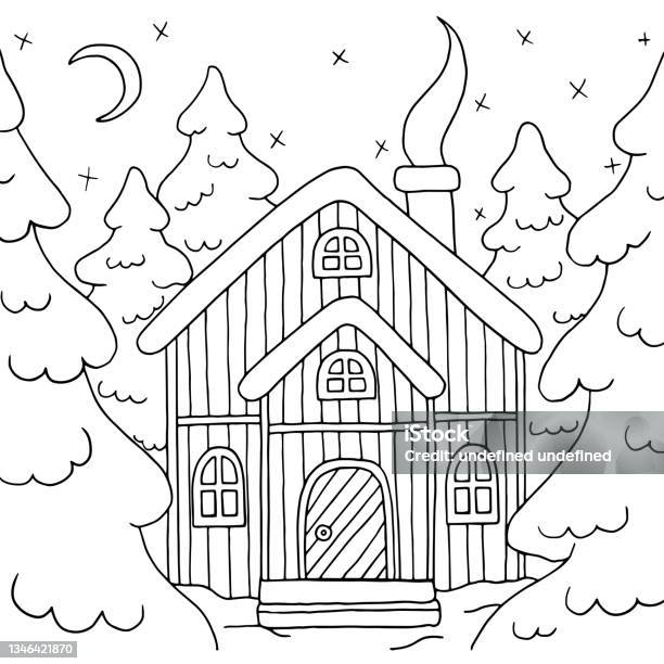 A christmas house in the winter forest coloring page stock illustration