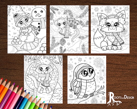 Instant download coloring page winter forest animals