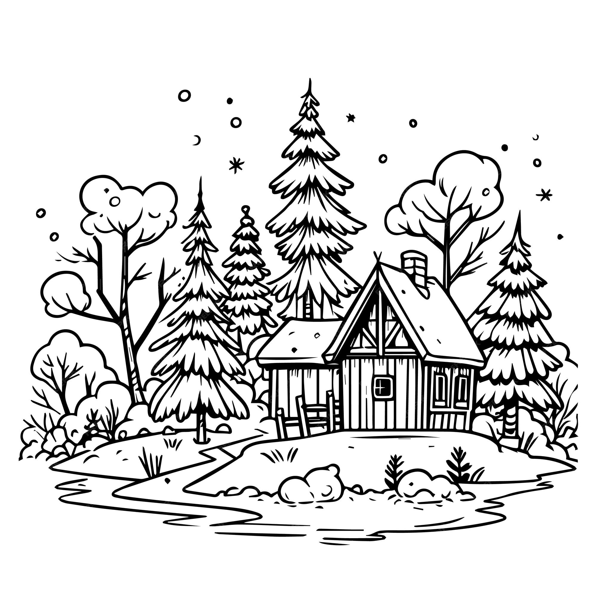 Premium vector vector a christmas house in the winter forest coloring page
