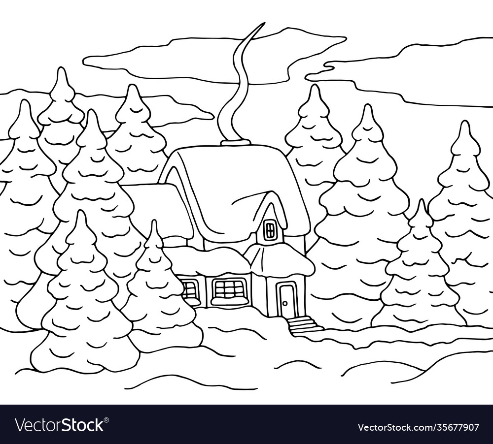 House in winter forest coloring page royalty free vector