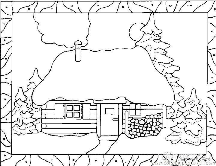 Online coloring pages winter coloring the cabin in the woods in winter the forest