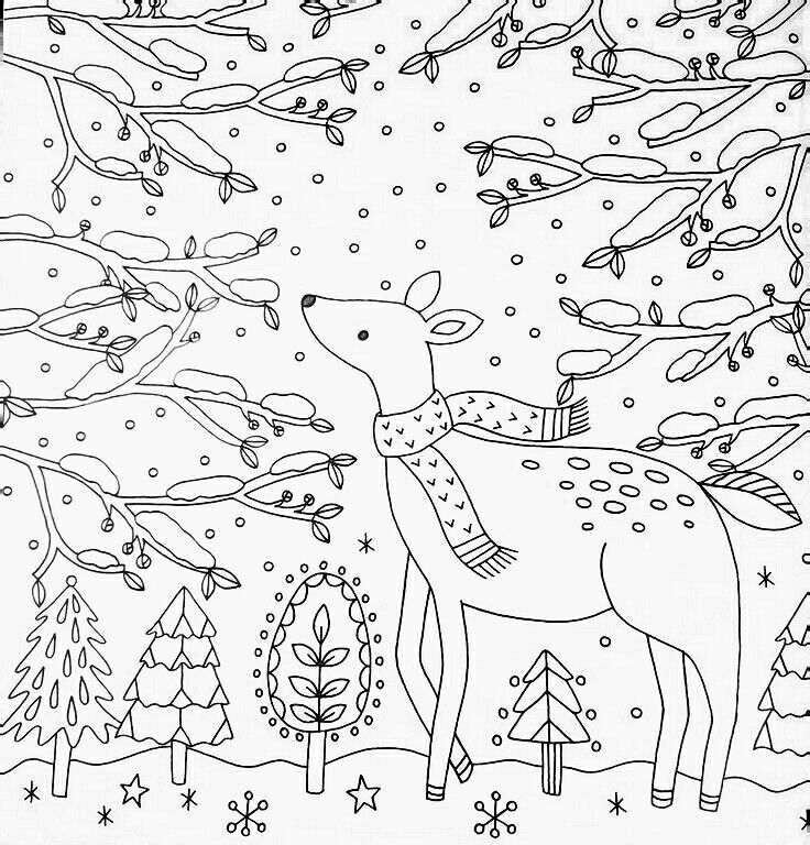 Winter adult coloring page whimsical deer in snowy forest coloring pages winter coloring pages adult coloring pages