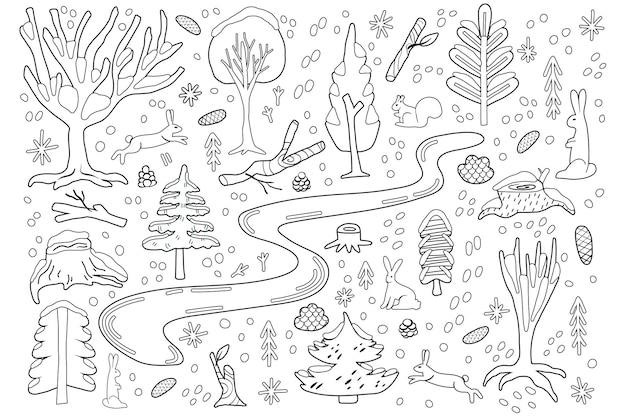 Premium vector coloring page with winter forest elements vector illustration for children activity