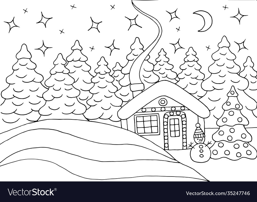 Coloring page house in winter forest royalty free vector
