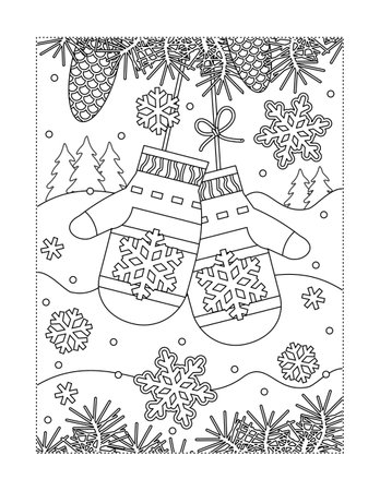 Mittens lost by santa or somebody else in winter forest coloring page or black and white illustration