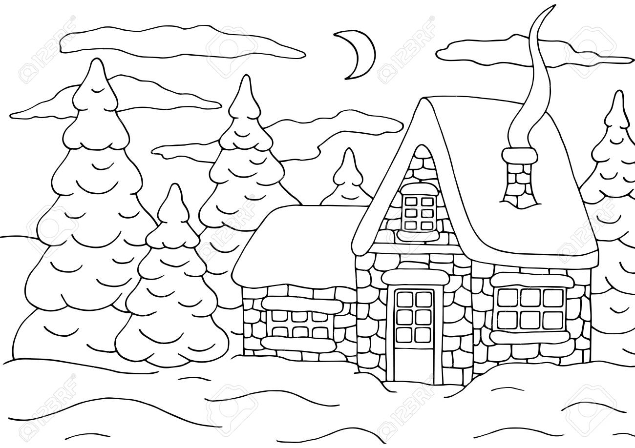 Horizontal coloring page with a beautiful house in the winter forest with a christmas tree royalty free svg cliparts vectors and stock illustration image