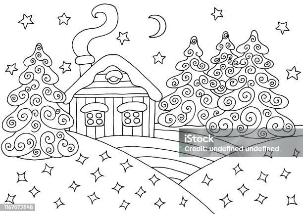 House in the winter forest coloring page stock illustration