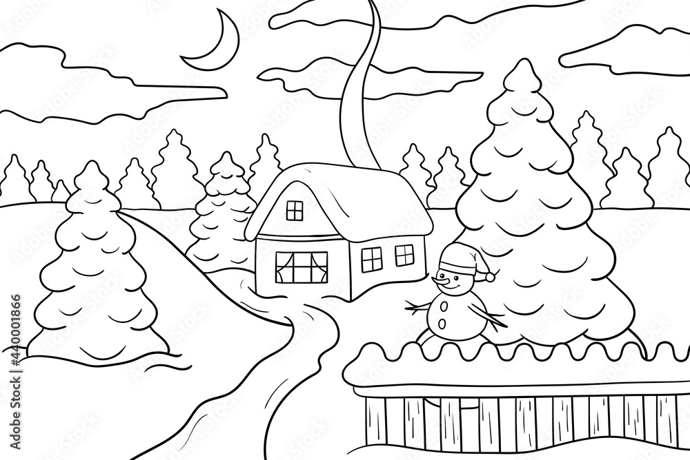 House in the winter forest coloring page vector