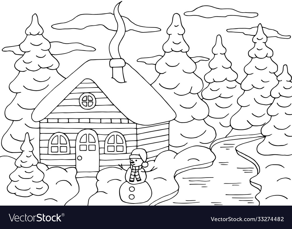 Coloring page with a house in winter forest vector image