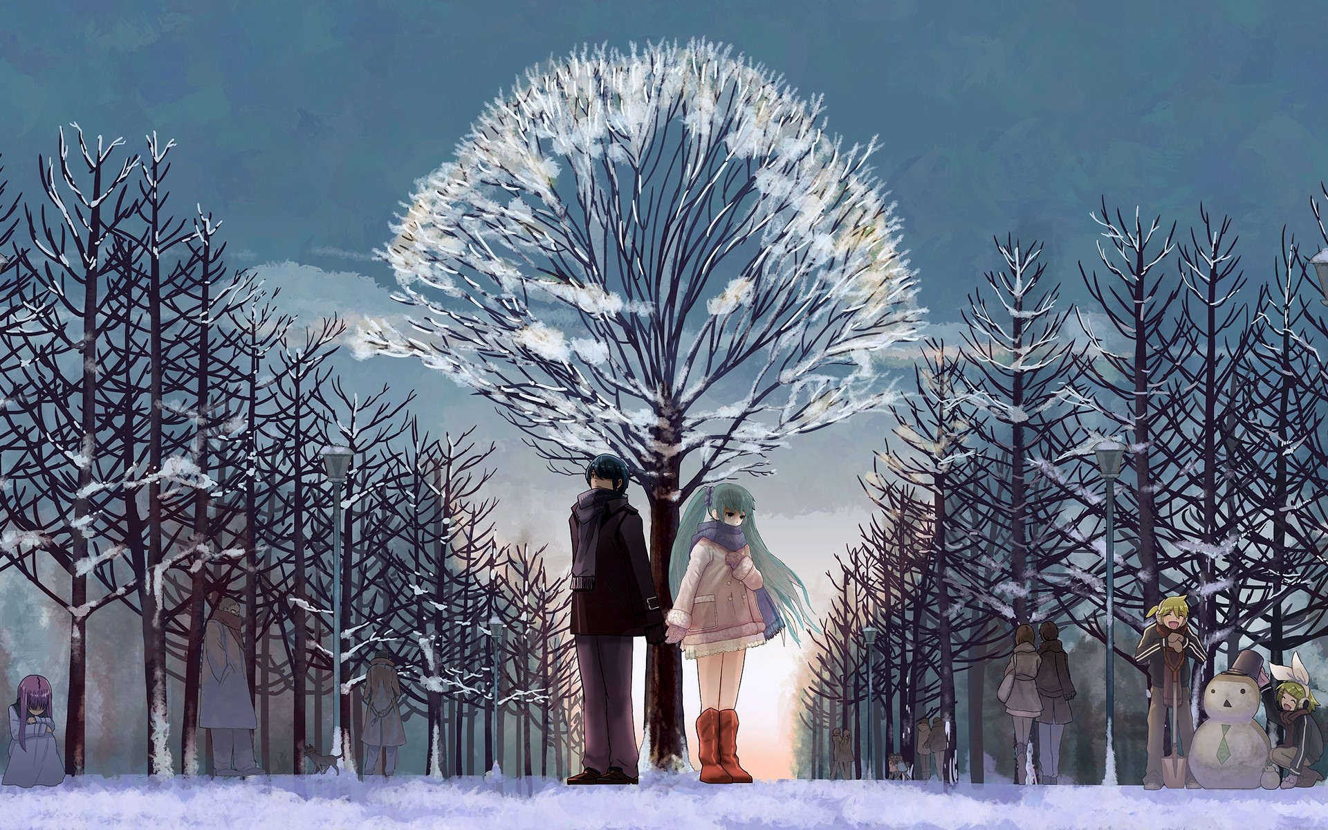 Anime couple love walk woods winter snow