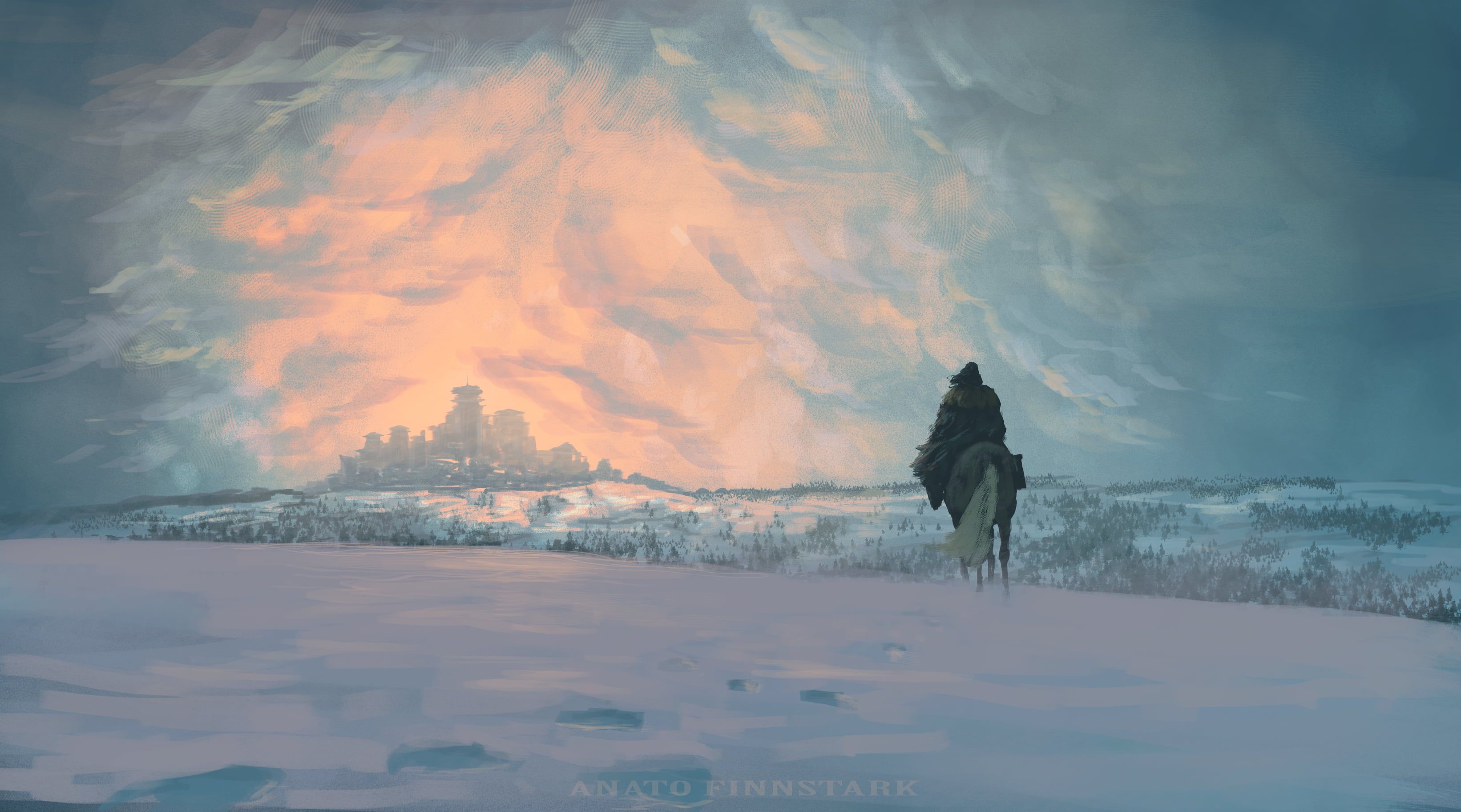 Arya stark game of thrones winterfell coats horse snow clouds series winter environment fan art artwork â winterfell art game of thrones art winterfell