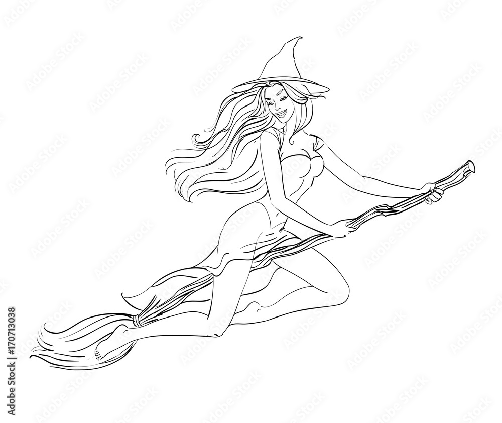 A sexual witch flies on a broomstick girl in a christmas spellbound witch costume sign happy halloween party all saints eve sorceress for the cards posters coloring book vector black lines