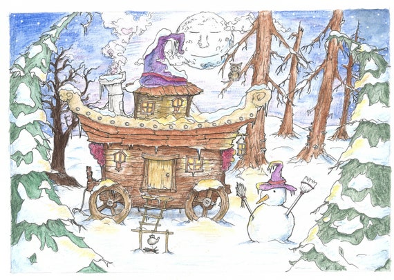 Christmas witches caravan design digital download fantasy fairytale christmas card art witches cosy wagon traditional artwork