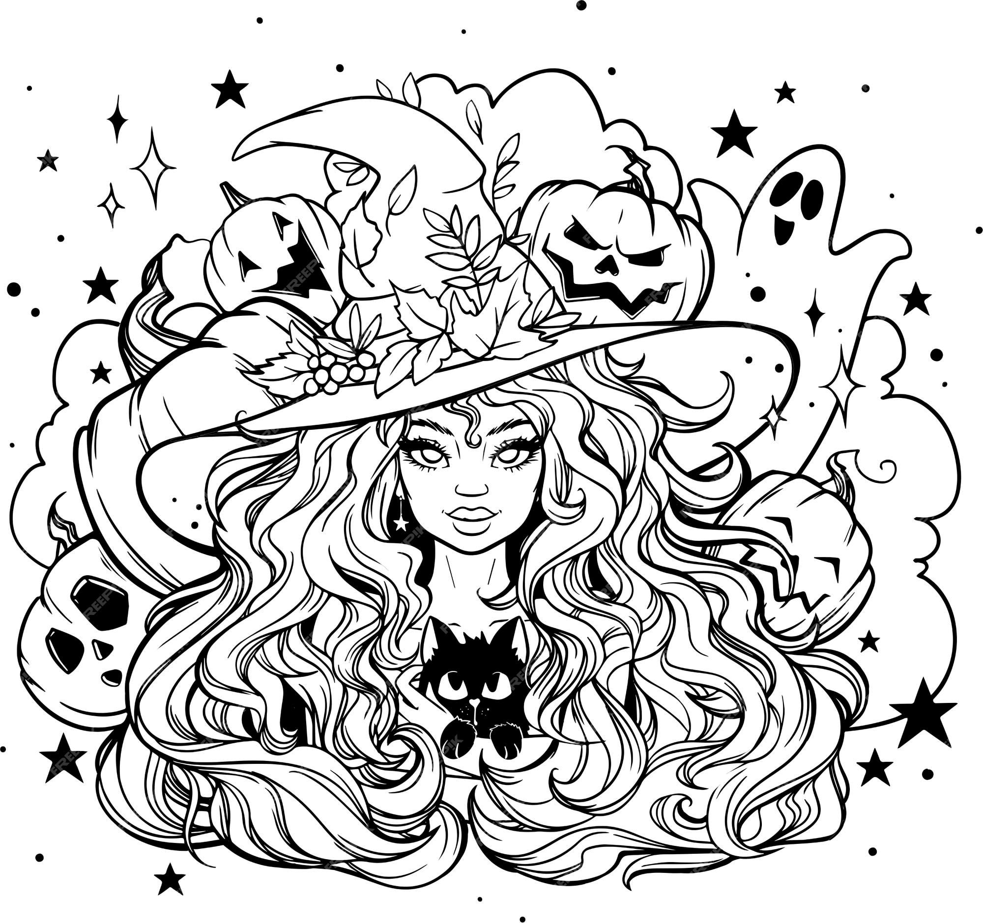 Premium vector black and white coloring girl witch postcard coloring for halloween autumn leaves stars ghost