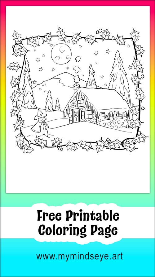 Winter solstice cabin coloring page c