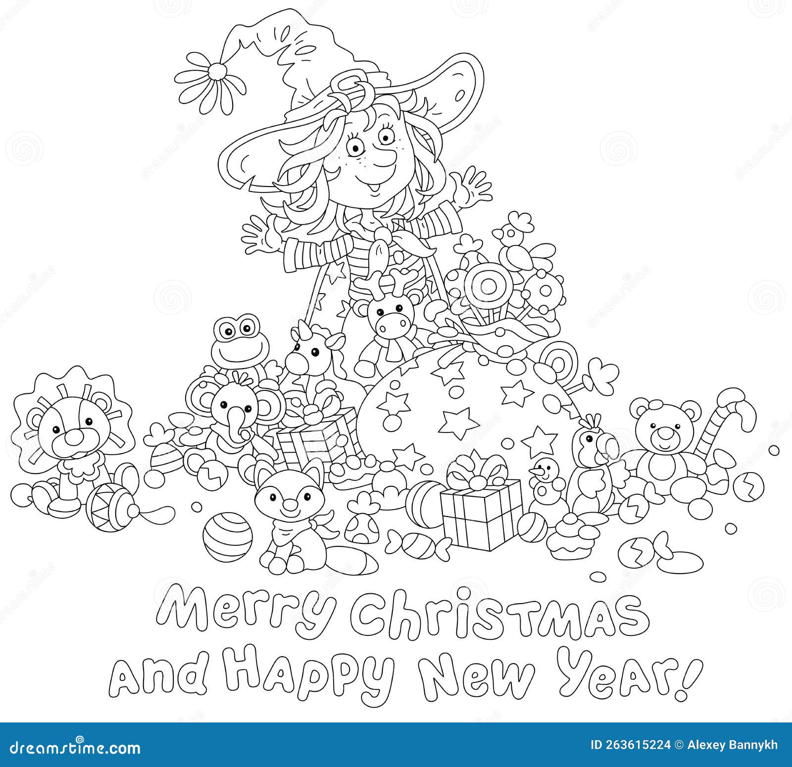 Little witch with a magical bag of winter holiday gifts stock vector