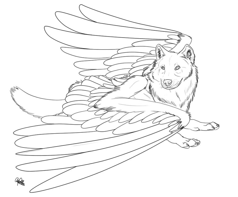Winged wolf free lineart by spiritwollf on