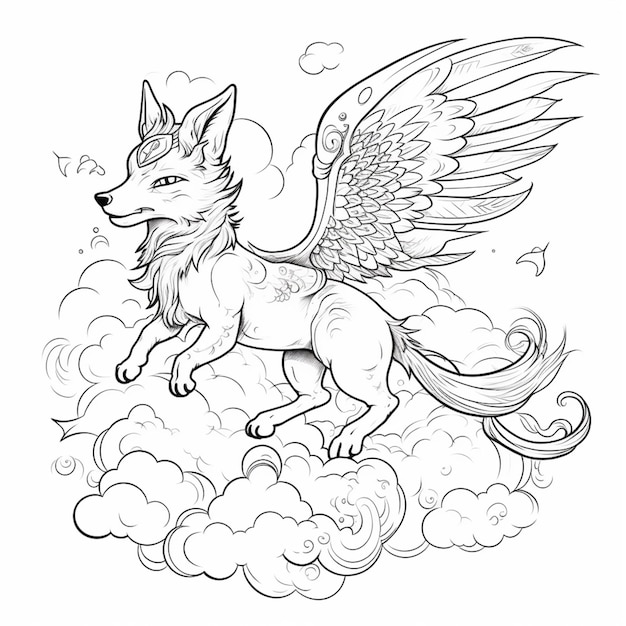 Premium ai image a coloring page of a flying wolf with wings on a cloud generative ai