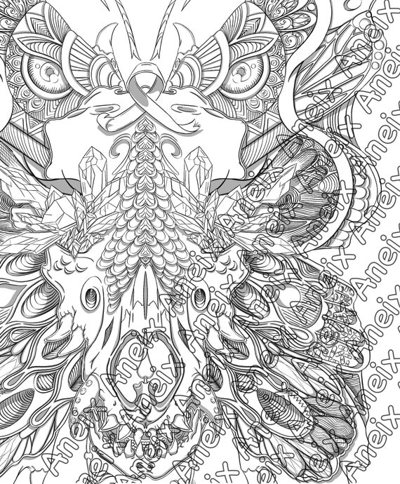 Wolf skull with butterfly mandala wings pdf greyscale adult coloring page