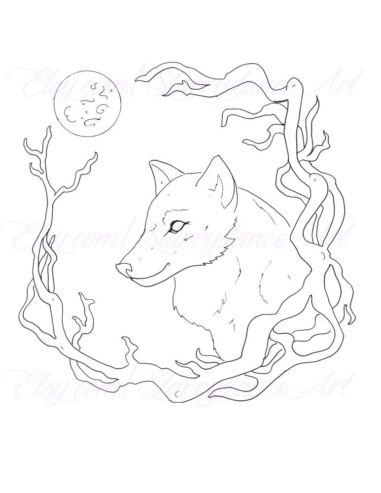Instant download coloring page wolf moon printable download now