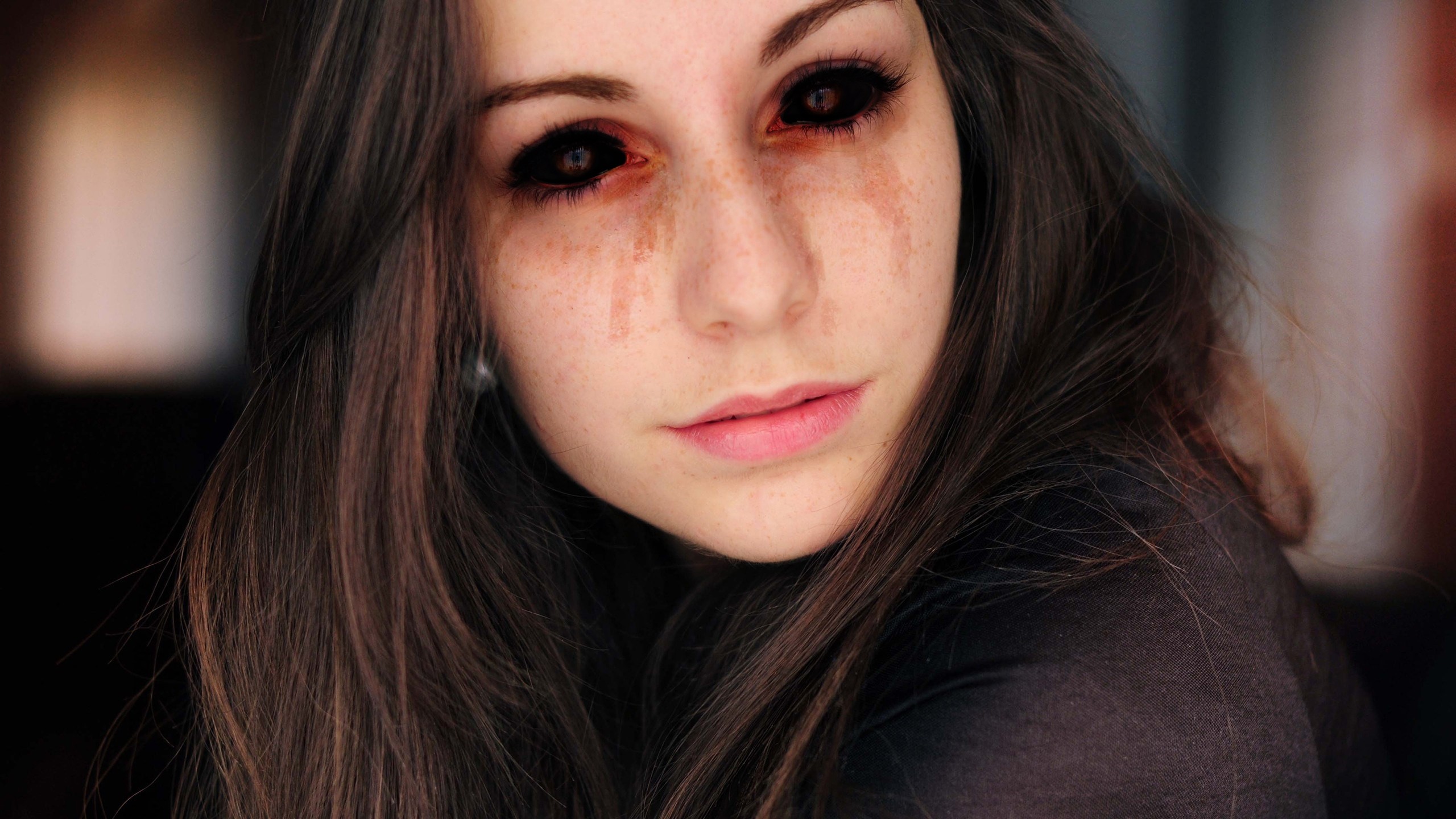 Spooky black eyes creepy women face dark eyes long hair