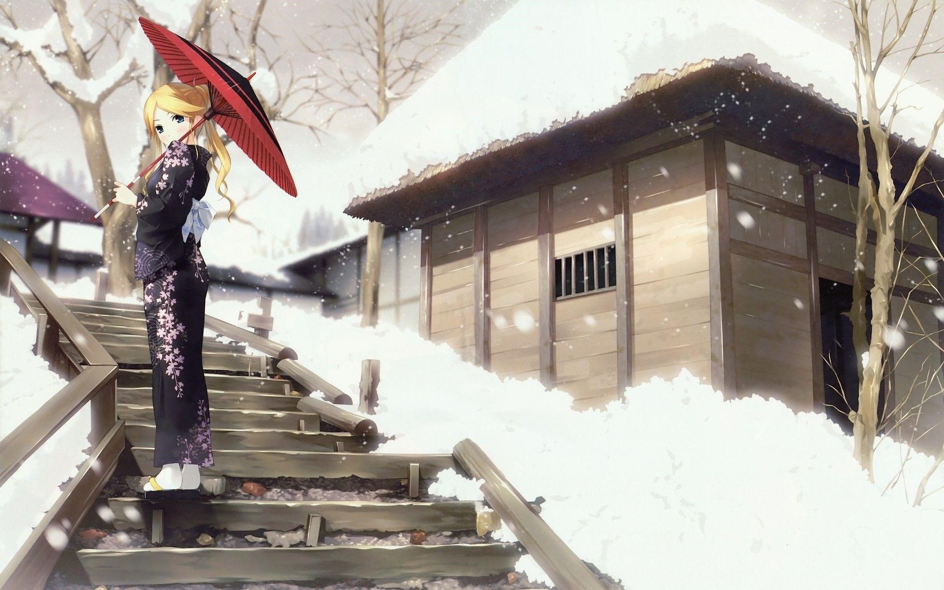 Winter snow covered anime trees village anime girls women snow